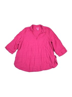 Isaac Mizrahi New York Linen V-Neck Collared Top Pink Plus 1X 3/4 Sleeve Beach